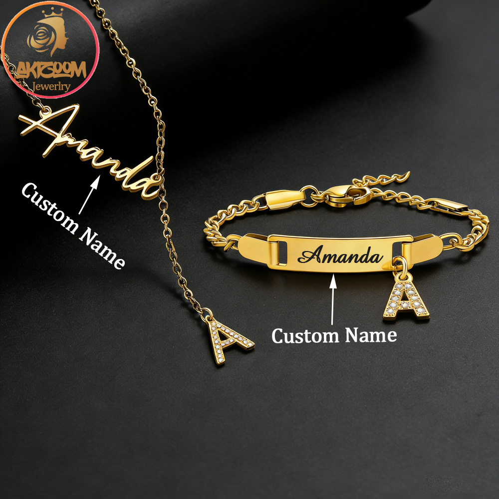 Men Fashion Kids - Akizoom Personalisiertes Zirkon-Buchstaben-Halsketten-Armband-Set aus Edelstahl mit