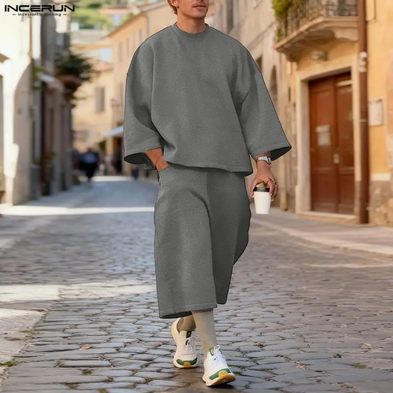 Streetwear Hoodie - INCERUN Herren-Sets, einfarbig, lockere Kapuzenpullover mit