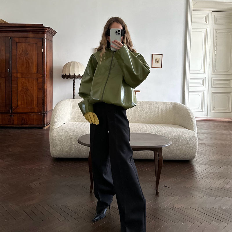 Mens Fashion Autumn 2025 - Mode Grün Kurze Leder Jacke Frauen