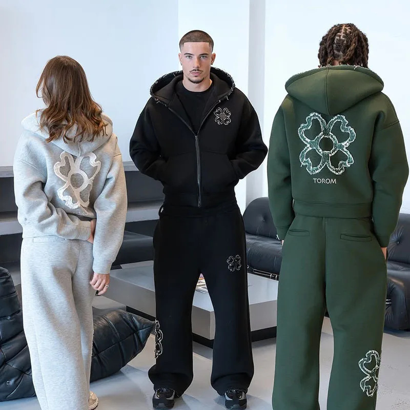 Streetwear Hoodie - Frühling Herbst Übergroßes 4-Blatt-Kleeblatt Applikation Zip-Up