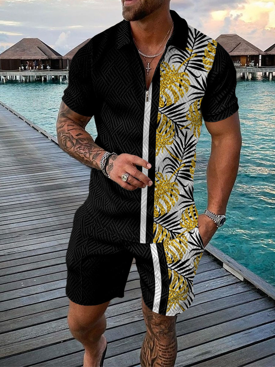 Men'S Fashion Polo - Hawaiianisches Kokosnussbaum-Print Herren-Set: Modisches Reißverschluss-Polo-Kurzarmshirt +
