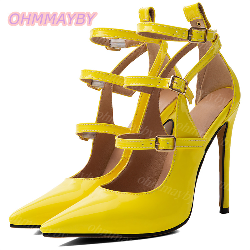 Men Fashion Kids - Damen Stiletto-Pumps mit Hohlmuster, Gelbes Lackleder,