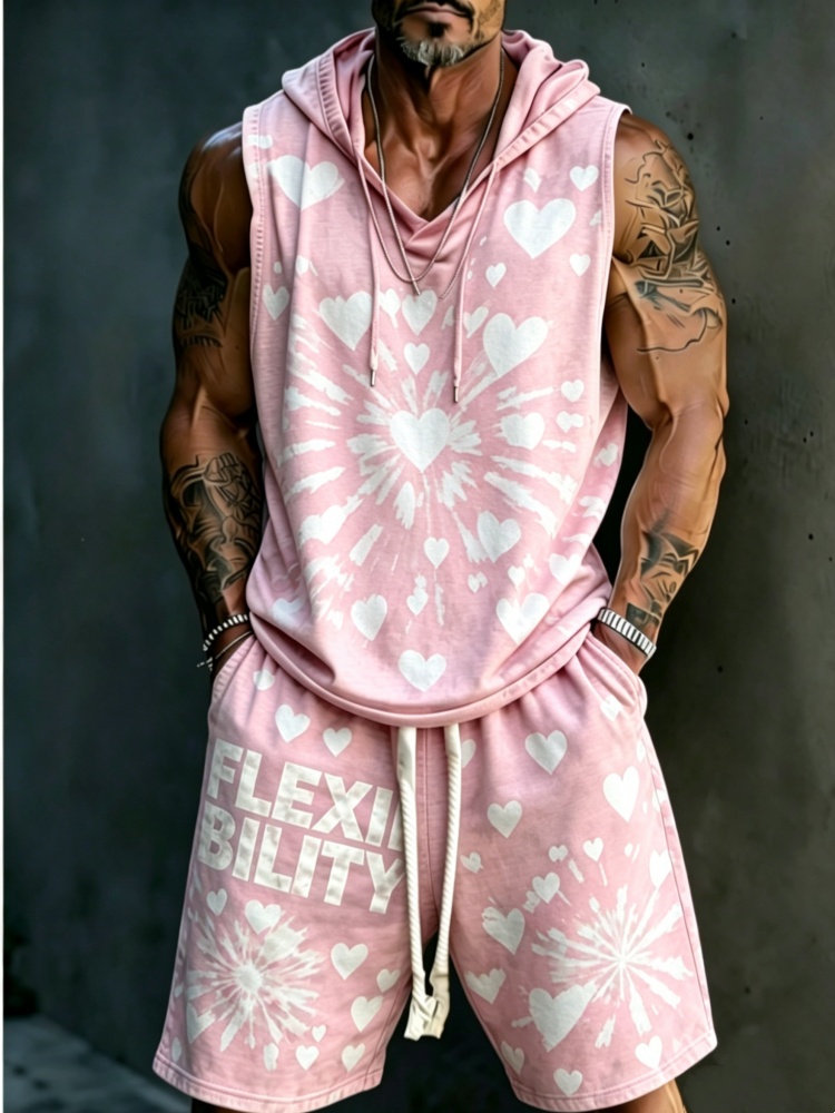 Streetwear Hoodie - Herren 2-Teiliges Set: Lockerer Rosa Herz-Hoodie