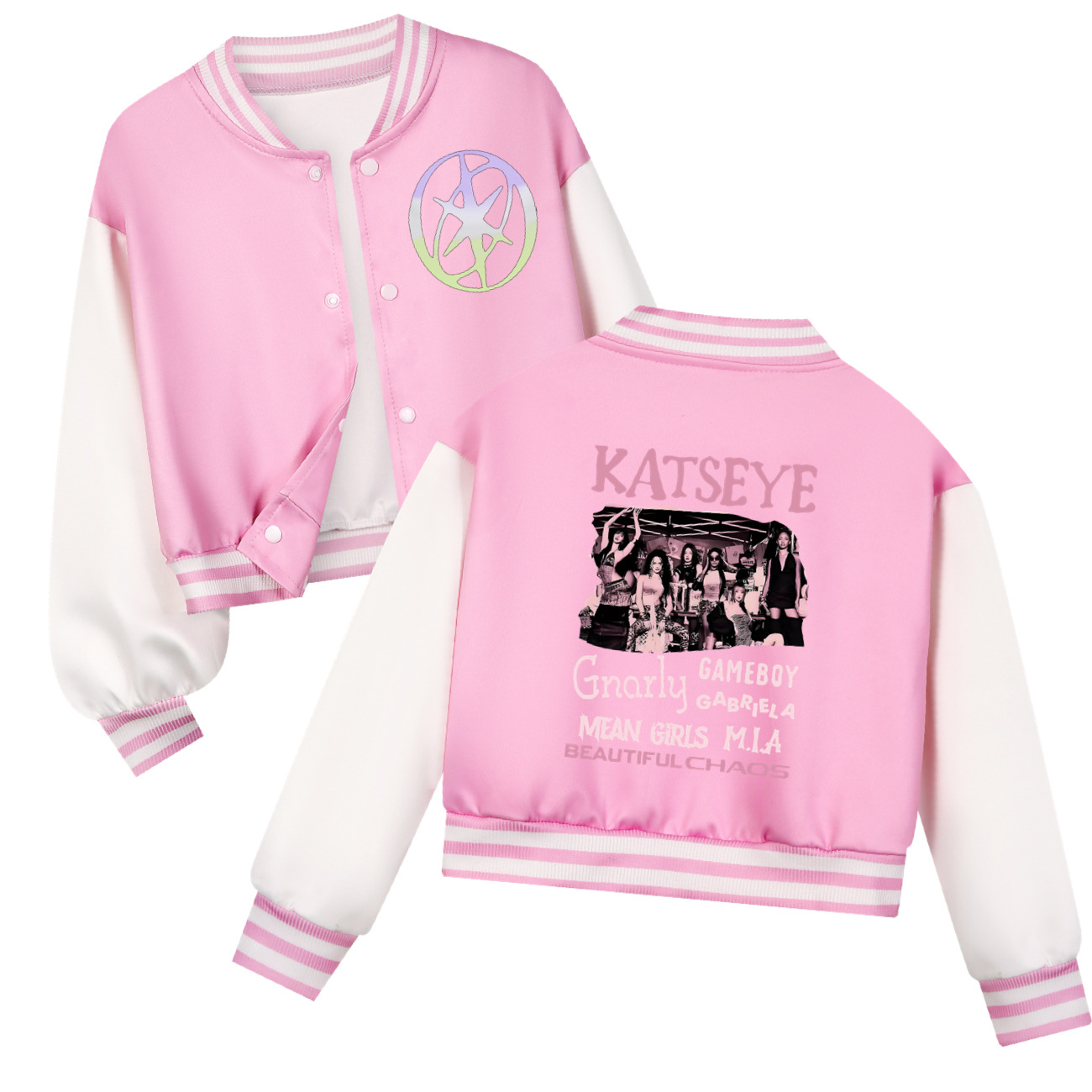 KATSEYE Bedruckte kurze Baseba – Varsity Jacket Letterman Bewertung und Preis