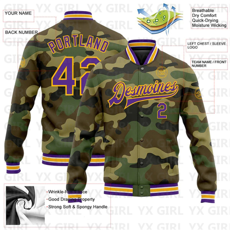 Maßgefertigte Tarnmuster Lila- – Varsity Jacket Letterman Bewertung und Preis
